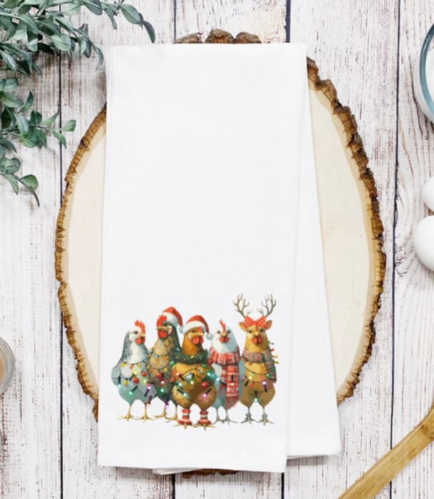 Christmas Chickens Waffle Weave Tea Towel